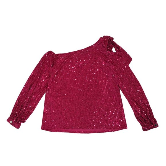 CeSe Women's Fuchsia Sequin One Shoulder Blouse with Bow Detail, Size M. - Picture 2 of 9